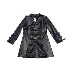 Black Vegan Leather Steampunk Trench Coat Belted Jacket Pirate Dressing PUBG